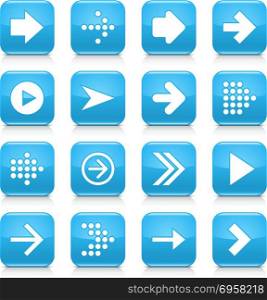 16 arrow icon set 01. White sign on blue rounded square button with gray reflection, black shadow on white background. Glossy style. Vector illustration web design element save in 8 eps. Blue arrow sign rounded square icon web button. Blue arrow sign rounded square icon web button