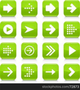 16 arrow icon set 01. White sign on green rounded square button with gray reflection, black shadow on white background. Glossy style. Vector illustration web design element save in 8 eps. Green arrow sign rounded square icon web button