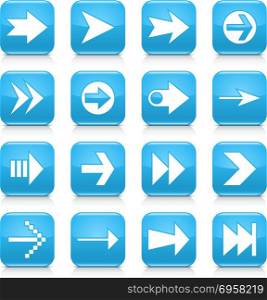 16 arrow icon set 02. White sign on blue rounded square button with gray reflection, black shadow on white background. Glossy style. Vector illustration web design element save in 8 eps. Blue arrow sign rounded square icon web button. Blue arrow sign rounded square icon web button