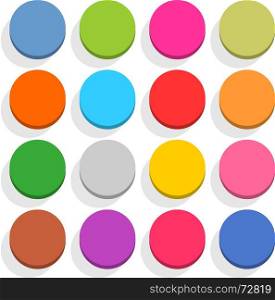 16 blank icon in flat style. ircle 3D button with shadow on white background. Blue, red, yellow, gray, green, pink, orange, brown, violet colors. Vector illustration web design element in 8 eps. Flat blank web button round icon set with shadow