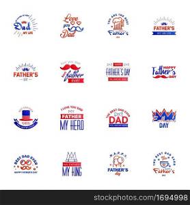 16 Blue and red Happy Fathers Day Design Collection - A set of twelve brown colored vintage style Fathers Day Designs on light background Editable Vector Design Elements