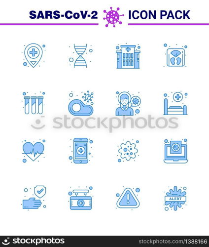 16 Blue coronavirus epidemic icon pack suck as infected, test, hospital, lab, machine viral coronavirus 2019-nov disease Vector Design Elements