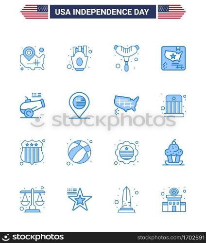 16 Blue Signs for USA Independence Day cannon; world; food; map; american Editable USA Day Vector Design Elements