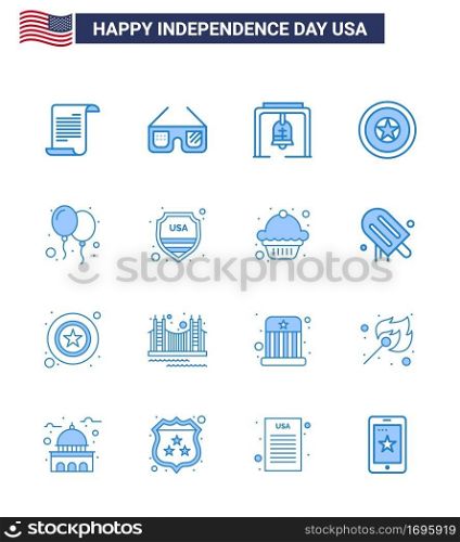 16 Blue Signs for USA Independence Day celebrate; medal; alert; independence day; holiday Editable USA Day Vector Design Elements