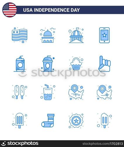 16 Blue Signs for USA Independence Day cole; usa; mobile; drink; bottle Editable USA Day Vector Design Elements