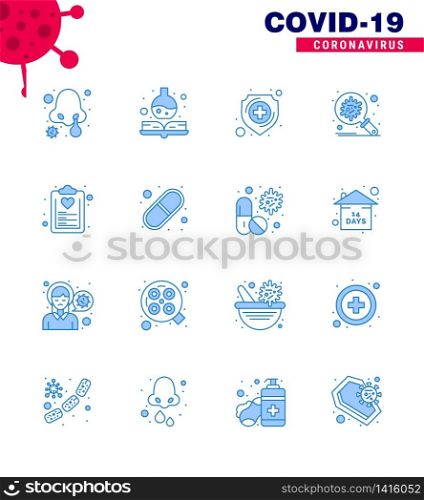 16 Blue viral Virus corona icon pack such as diet, spread, healthcare, security, corona viral coronavirus 2019-nov disease Vector Design Elements