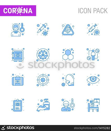 16 Blue viral Virus corona icon pack such as vaccine, medicine, virus, coronavirus, epidemic viral coronavirus 2019-nov disease Vector Design Elements