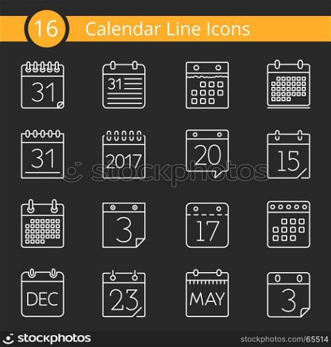 16 Calendar Icons. Set of 16 calendar line icons, vector eps10 illustration