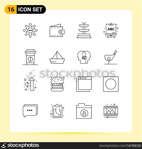 16 Creative Icons Modern Signs and Symbols of sail, food, fountain, drink, learning Editable Vector Design Elements