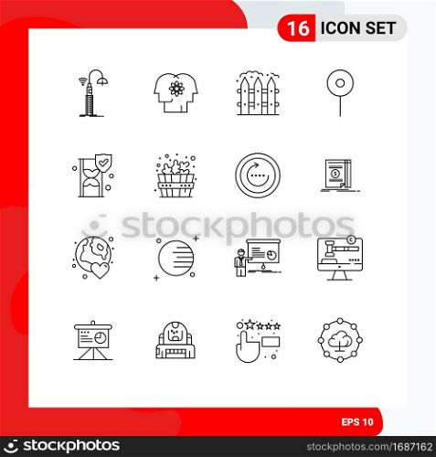 16 Creative Icons Modern Signs and Symbols of time glass, maps, management, location, fence Editable Vector Design Elements