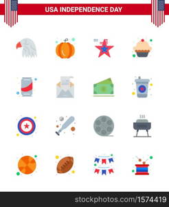 16 Creative USA Icons Modern Independence Signs and 4th July Symbols of cola; can; american; beer; dessert Editable USA Day Vector Design Elements