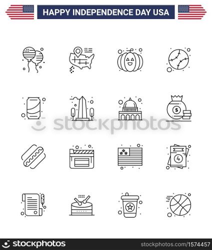 16 Creative USA Icons Modern Independence Signs and 4th July Symbols of cola; can; pumpkin; beer; states Editable USA Day Vector Design Elements