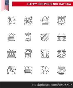 16 Creative USA Icons Modern Independence Signs and 4th July Symbols of statehouse; indiana; money; police; security Editable USA Day Vector Design Elements