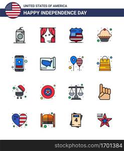 16 Creative USA Icons Modern Independence Signs and 4th July Symbols of smart phone; cell; shield; muffin; cake Editable USA Day Vector Design Elements