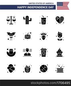16 Creative USA Icons Modern Independence Signs and 4th July Symbols of frankfurter; usa; alcohol; flag; heart Editable USA Day Vector Design Elements