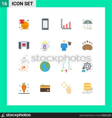 16 Flat Color concept for Websites Mobile and Apps cinematography, rain, tablet, protection, graph Editable Pack of Creative Vector Design Elements