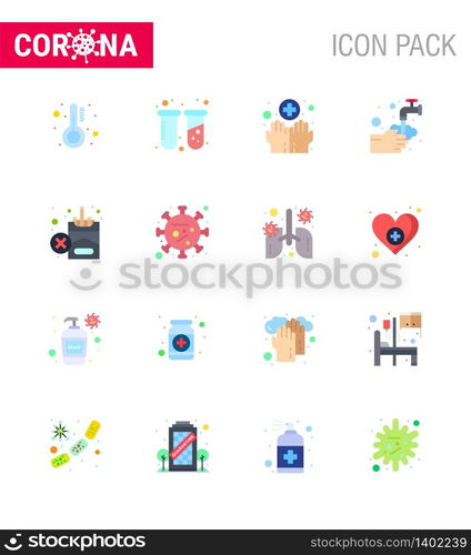 16 Flat Color Corona Virus pandemic vector illustrations forbidden, water, hands, washing, hands viral coronavirus 2019-nov disease Vector Design Elements