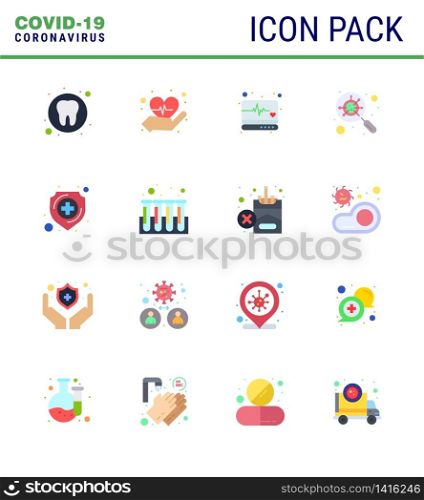 16 Flat Color Coronavirus Covid19 Icon pack such as medical, protection, medical, magnifying, glass viral coronavirus 2019-nov disease Vector Design Elements
