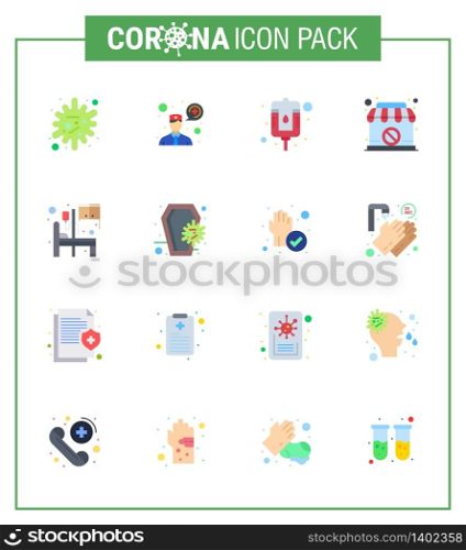 16 Flat Color Coronavirus Covid19 Icon pack such as room, hospital, bottle, bed, sign viral coronavirus 2019-nov disease Vector Design Elements