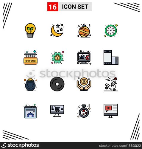 16 Flat Color Filled Line concept for Websites Mobile and Apps sign board, open, ball, board, time Editable Creative Vector Design Elements