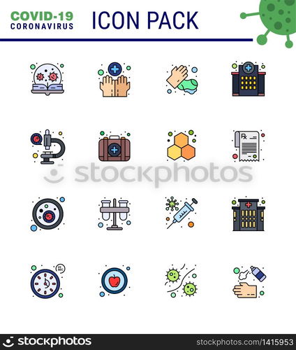 16 Flat Color Filled Line Coronavirus Covid19 Icon pack such as nursing, hospital, washing, healthcare, washing viral coronavirus 2019-nov disease Vector Design Elements