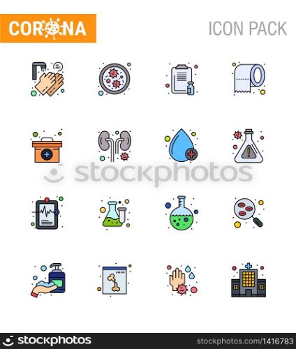 16 Flat Color Filled Line coronavirus epidemic icon pack suck as medical, safety, healthcare, tissue, cleaning viral coronavirus 2019-nov disease Vector Design Elements