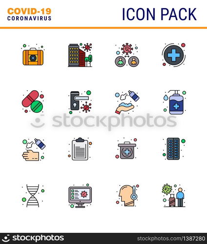 16 Flat Color Filled Line coronavirus epidemic icon pack suck as sign, health, virus, medica, transmission viral coronavirus 2019-nov disease Vector Design Elements