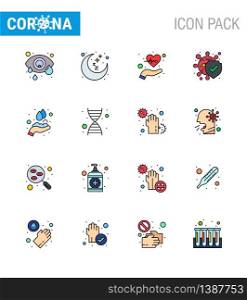 16 Flat Color Filled Line Set of corona virus epidemic icons. such as hands care, protection, beat, disease, pulses viral coronavirus 2019-nov disease Vector Design Elements