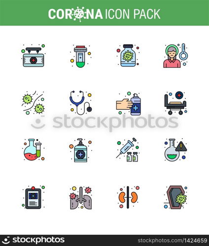 16 Flat Color Filled Line Set of corona virus epidemic icons. such as bacterium, sick, antivirus, pain, head viral coronavirus 2019-nov disease Vector Design Elements