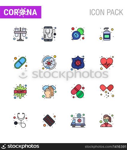 16 Flat Color Filled Line viral Virus corona icon pack such as capsule, hand sanitizer, mobile, lotion, message viral coronavirus 2019-nov disease Vector Design Elements