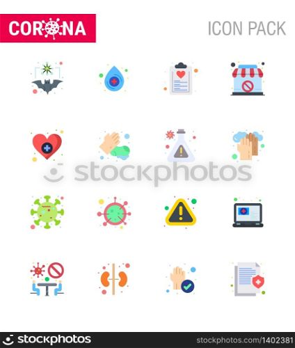 16 Flat Color Set of corona virus epidemic icons. such as heart, sign, check list, shop, plan viral coronavirus 2019-nov disease Vector Design Elements