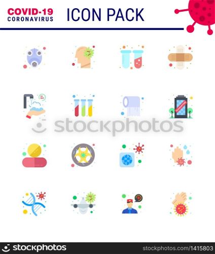 16 Flat Color Set of corona virus epidemic icons. such as twenty seconds, bandage, virus, aid, tubes viral coronavirus 2019-nov disease Vector Design Elements