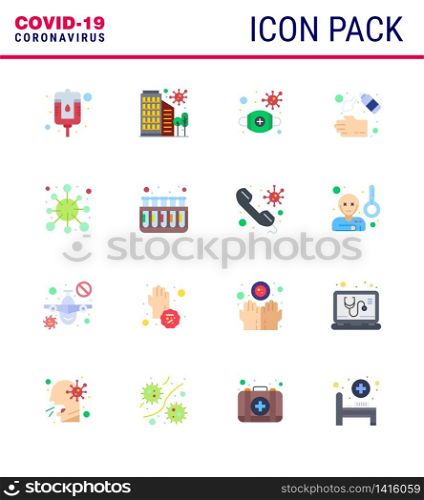 16 Flat Color Set of corona virus epidemic icons. such as soap, cleaning, virus, hand spray, safety viral coronavirus 2019-nov disease Vector Design Elements