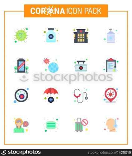 16 Flat Color Set of corona virus epidemic icons. such as coronavirus, sanitizer, medicine, hand, virus viral coronavirus 2019-nov disease Vector Design Elements