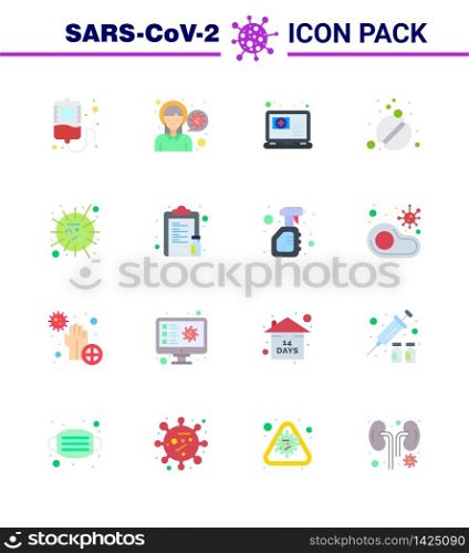 16 Flat Color Set of corona virus epidemic icons. such as influenza, care, medical, tablets, medicine viral coronavirus 2019-nov disease Vector Design Elements