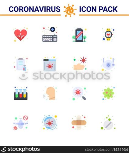 16 Flat Color viral Virus corona icon pack such as smart watch, medical, survice, healthcare, staying viral coronavirus 2019-nov disease Vector Design Elements