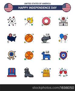 16 Flat Filled Line Signs for USA Independence Day american  location  donut  police sign  police Editable USA Day Vector Design Elements