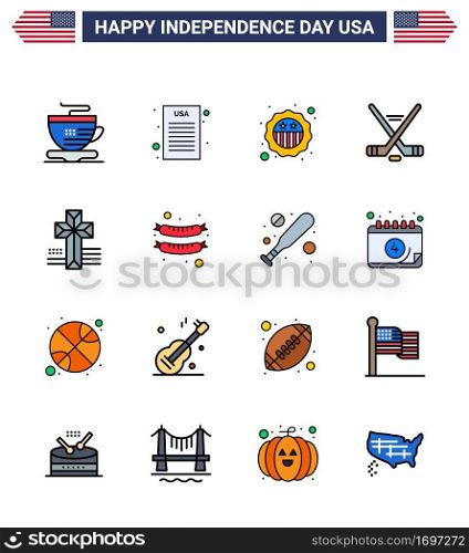 16 Flat Filled Line Signs for USA Independence Day food; cross; badge; american; sport Editable USA Day Vector Design Elements