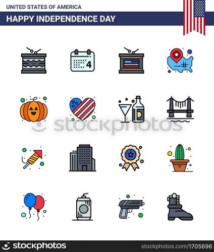 16 Flat Filled Line Signs for USA Independence Day location pin; usa; american; states; independence day Editable USA Day Vector Design Elements