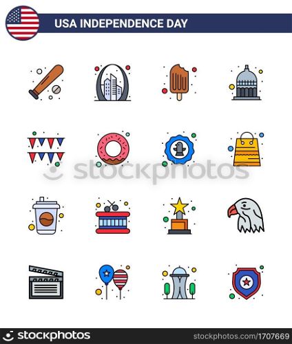 16 Flat Filled Line Signs for USA Independence Day usa; indianapolis; landmark; indiana; food Editable USA Day Vector Design Elements