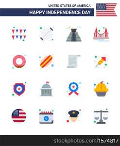 16 Flat Signs for USA Independence Day donut; landmark; building; golden; bridge Editable USA Day Vector Design Elements