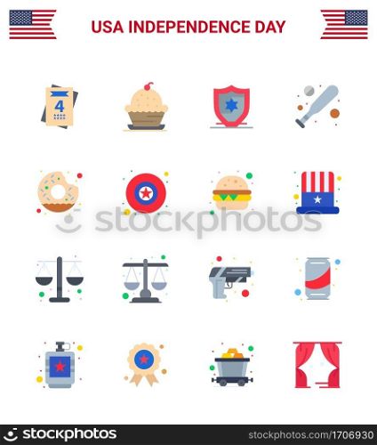 16 Flat Signs for USA Independence Day food; round; american; donut; bat Editable USA Day Vector Design Elements