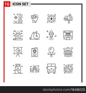 16 General Icons for website design print and mobile apps. 16 Outline Symbols Signs Isolated on White Background. 16 Icon Pack.. Creative Black Icon vector background