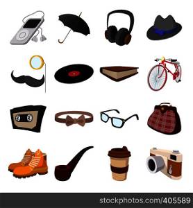 16 hipster style cartoon elements on a white background. With bicycle, glasses, mustache. 16 hipster style cartoon elements