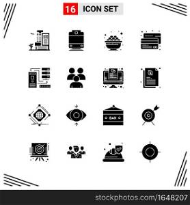 16 Icons Solid Style. Grid Based Creative Glyph Symbols for Website Design. Simple Solid Icon Signs Isolated on White Background. 16 Icon Set.. Creative Black Icon vector background