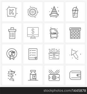 16 Interface Line Icon Set of modern symbols on basket, juice, love, glass, birthday hat Vector Illustration