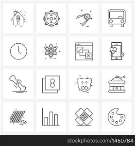 16 Interface Line Icon Set of modern symbols on clock, transport, games, tourism, bus Vector Illustration