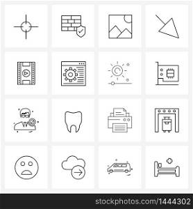 16 Interface Line Icon Set of modern symbols on multimedia, movie app, media, down right, mouse Vector Illustration