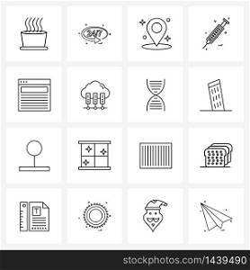 16 Interface Line Icon Set of modern symbols on wireframe, newsletter, map, syringe, medicine Vector Illustration