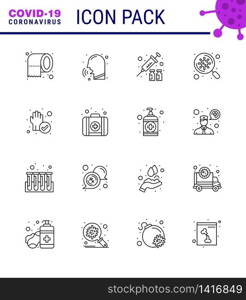 16 Line Coronavirus Covid19 Icon pack such as hand, virus, fever, search, medicine viral coronavirus 2019-nov disease Vector Design Elements